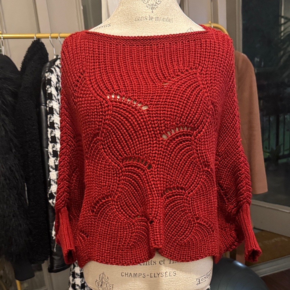 Women’s Dark Red Knit Sweater Poncho Knit Top Casual Dressy Shrug Shirt One Size - Picture 3 of 11